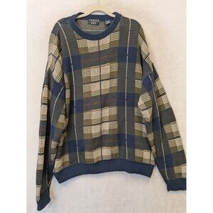 Trader Bay Sweater Men's XL Blue Plaid Crewneck Long Sleeve Textured Knit USA